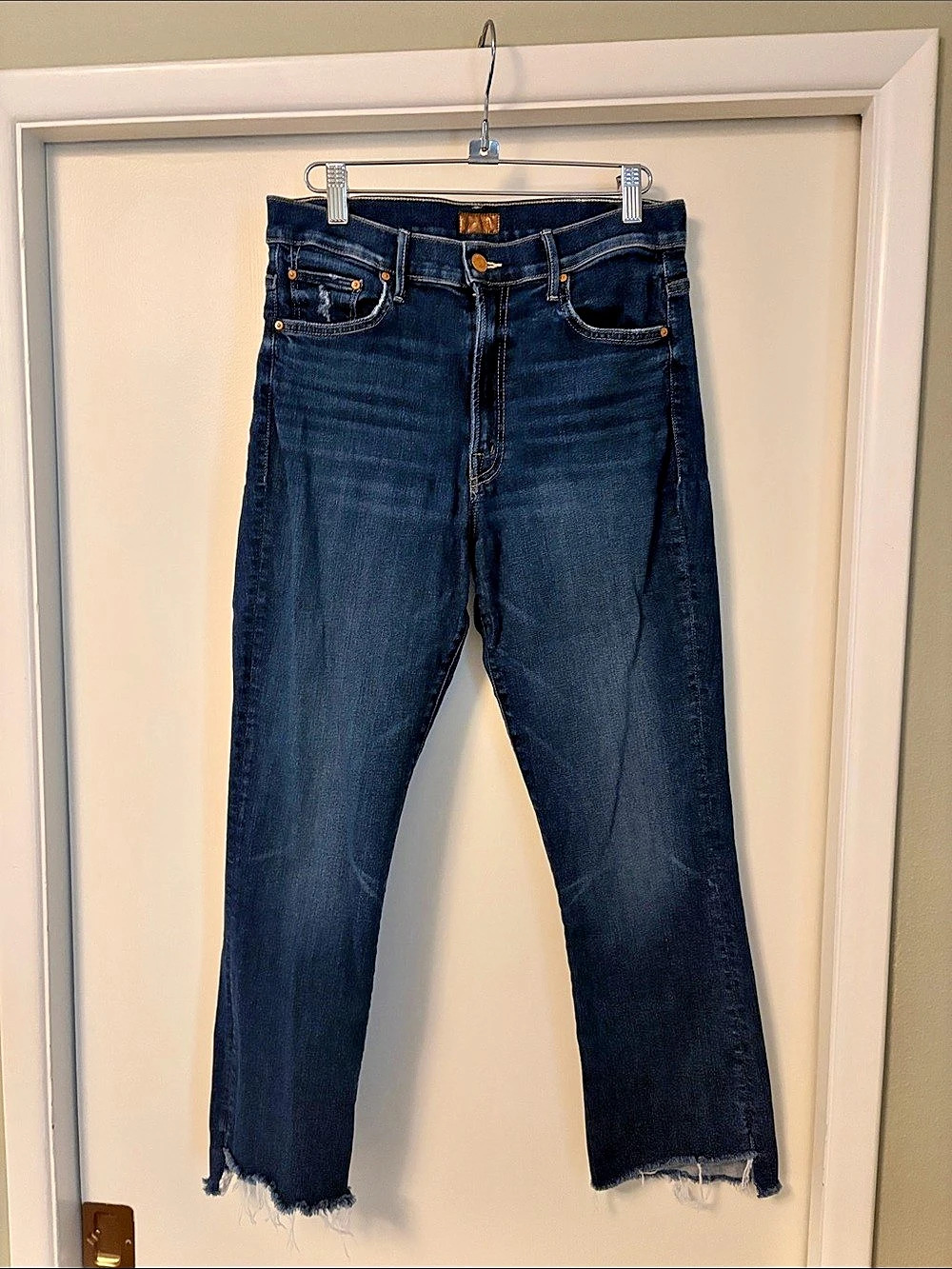 Mother The Insider Crop Step Fray Straight Leg Jeans Blue Waist 30